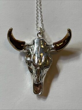 Silver Bull Skull Pendant Necklace with Bronze Horn Accents
